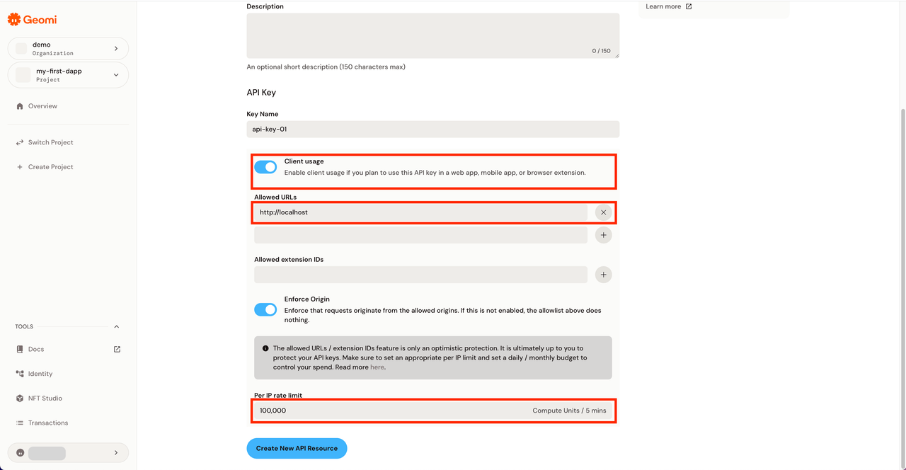 Geomi API key creation 5